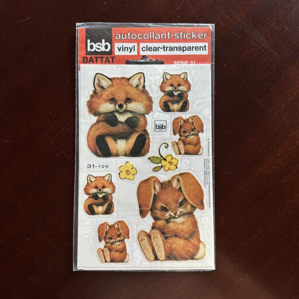 Vintage 70's Clear Vinyl Animal Stickers Battat 1979 Fox Bunny Flower Cute NOS
